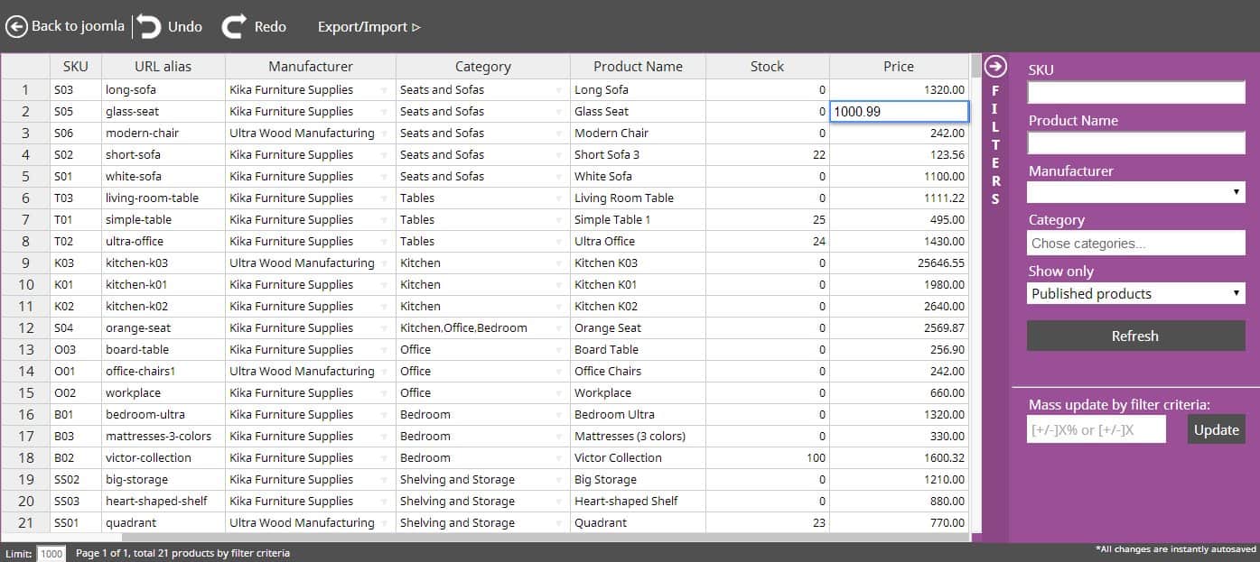 Virtuemart excel-like product manager